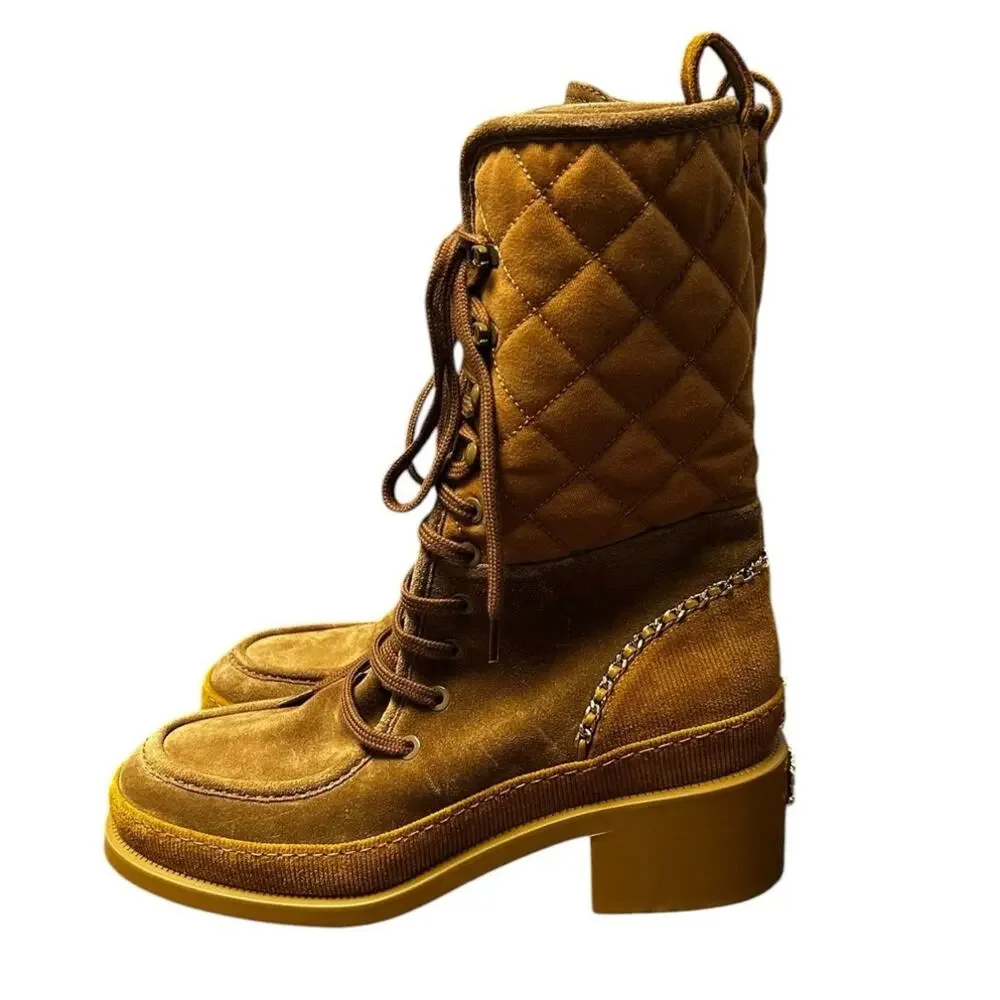 Chanel Quilted Suede Calfskin Chunky Heel Lace Up Combat Boots Womens 39 / US 9